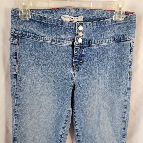 Tommy Hilfiger Jeans size 4 Hipster Boot wide leg stretch med wash logo VGC - Picture 2 of 10
